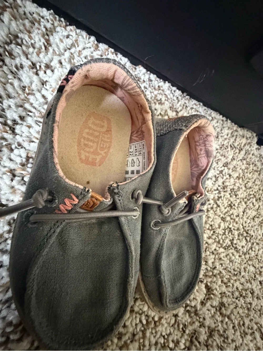 Hey Dude Kids Slip-On Moccasins in Olive with Pink Trim